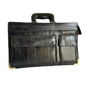 Vintage Eel Skin Black Leather Briefcase Attaché Case Work Bag Unisex 70s 80s